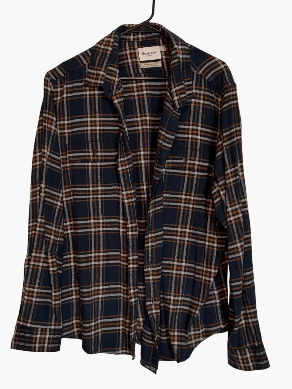 Goodfellow & Co Navy Plaid Button-Down Shirt with Brown and Cream Stripes